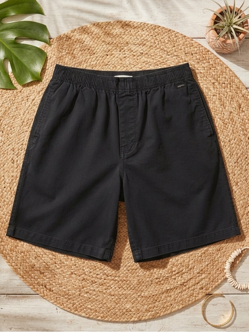 BIG DOGS Men's Solid Black Elastic Waist Cotton Twill Casual Shorts